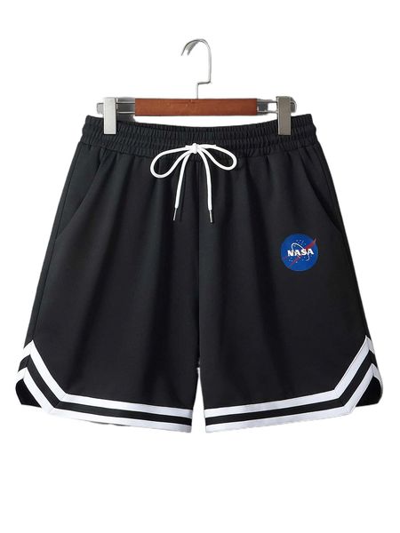 

men planet & letter graphic striped trim drawstring waist shorts 19xm#, White;black