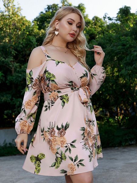 

plus floral print cold shoulder lantern sleeve belted dress t6z2#, Black