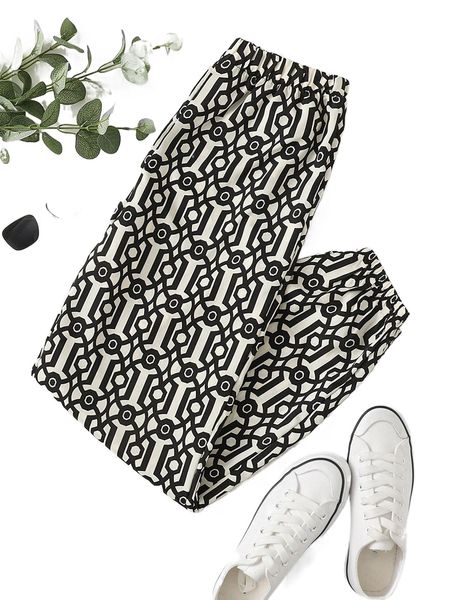 

allover geo print elastic waist pants g9ym#, Black;white