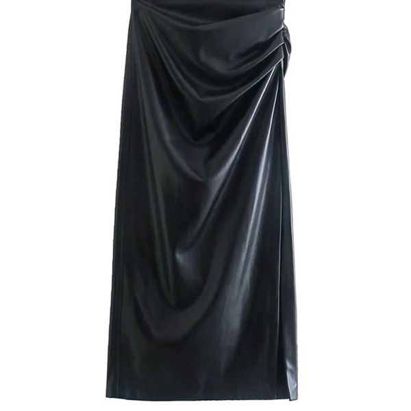 

traf women fashion faux leather pleated side slit midi pencil skirt vintage high waist back zipper female skirts mujer 220317, Black