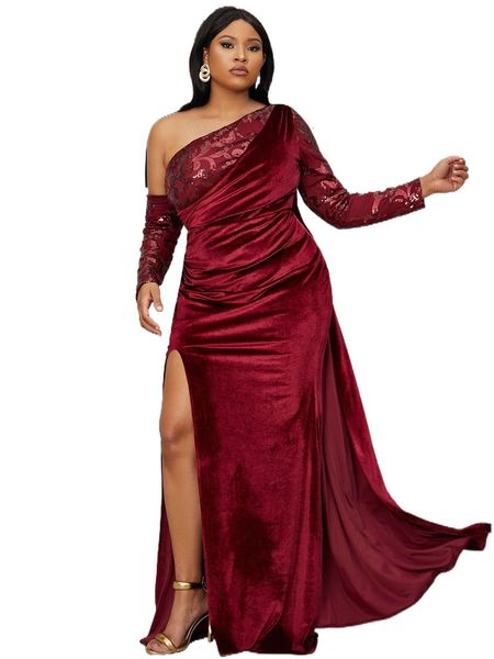 

seomiscky plus contrast sequin asymmetrical neck draped velvet dress x3vs#, Black