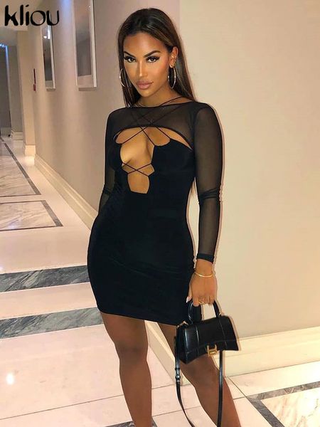 

midnight mini dress women hipster long sleeve mesh pullover+asymmetrical neckline ribbon cleavage female clubwear, Black;gray