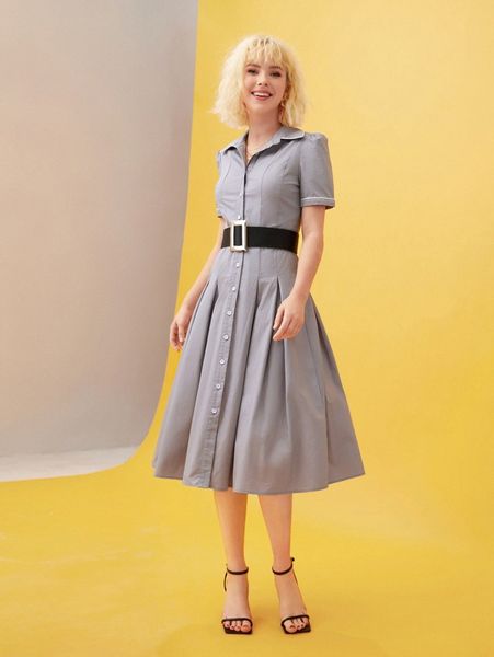 

x carina c button front plicated detail dress with belt f21w#, Black;gray