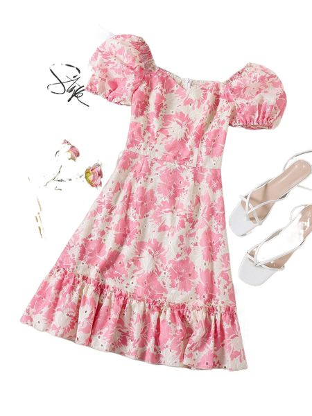 

allover floral print puff sleeve frill trim dress 25nw#, Black;gray