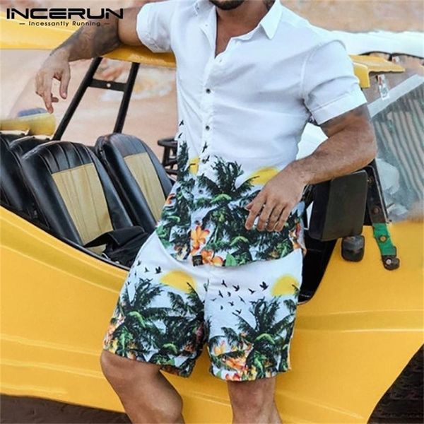 

printed men hawaiian sets vacation lapel short sleeve shirt shorts summer fashion streetwear mens suits 2 pieces s 3xl incerun 220621, Gray