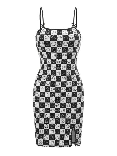 

x hyebuni checker & cartoon graphic split hem cami dress v8or#, Black;gray