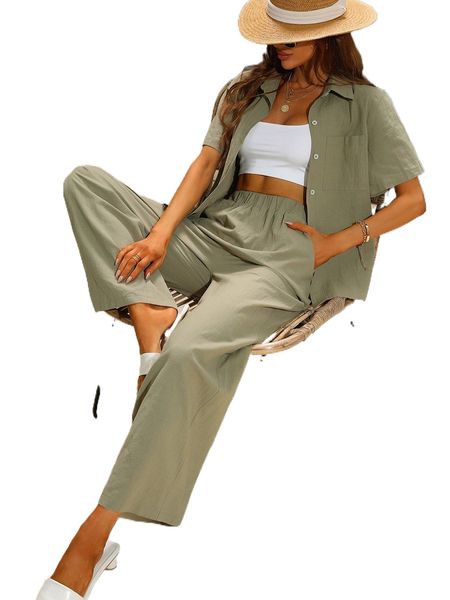 

button through blouse & slant pockets pants q0nf#, White