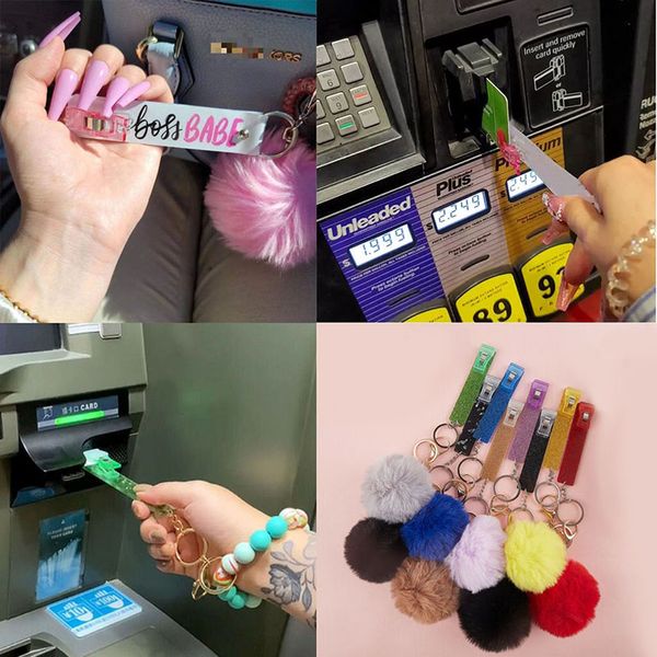 

acrylic debit bank card grabber credit cards puller key rings for long nail with pom pom ball and plastic clip wholesale price, Slivery;golden