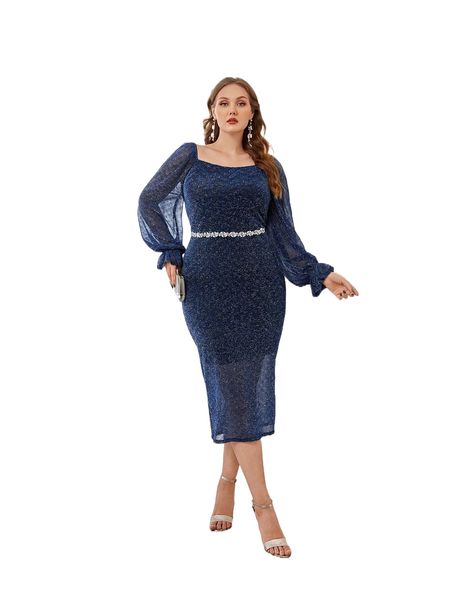 

plus split hem flounce sleeve glitter dress without belt s6id#, Black