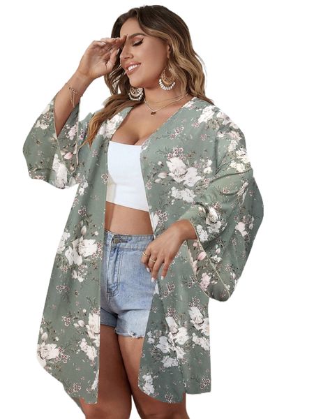

plus floral print batwing sleeve chiffon kimono 59nb#, Black;gray