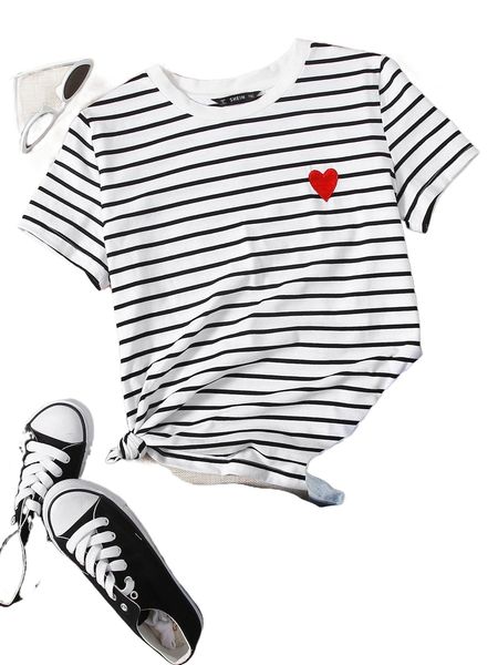

plus striped heart embroidery detail tee n6v3#, Black