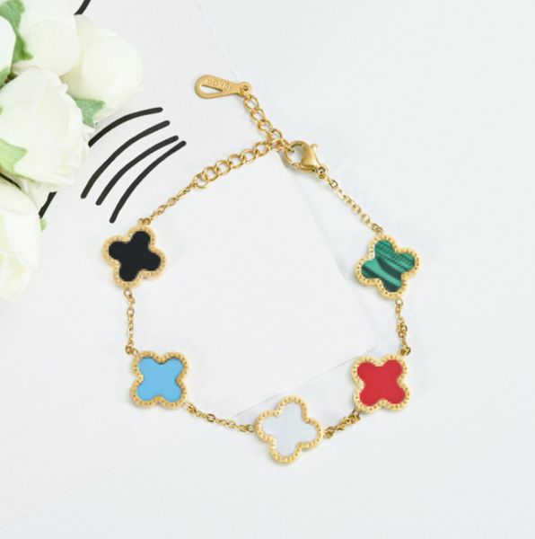 

colorful 5 flower clover charm bracelet bangle gold plated titanium steel jewelry for women gift bracelets bangles hmvf, Golden;silver