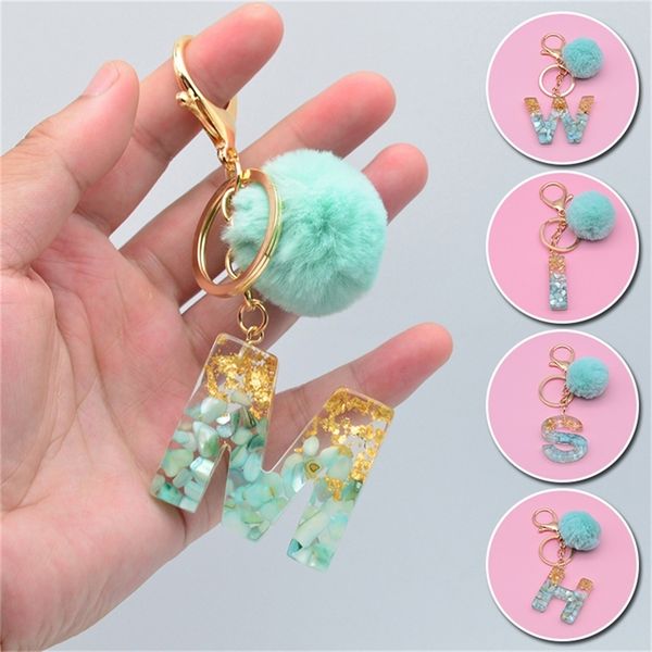

pompom letter keychains english alphabet keyring holder ball glitter resin car charms key rings chains trendy jewelry gifts 220622, Silver