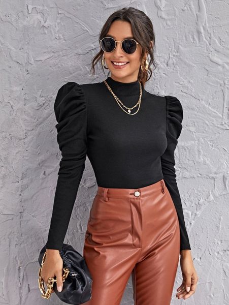

mock-neck gigot sleeve p21h#, White