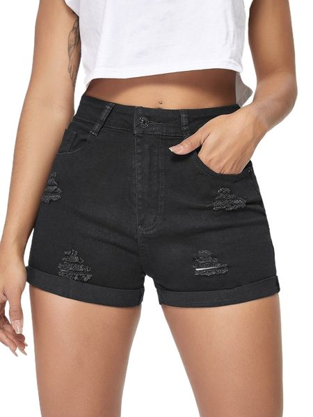 

ripped detail rolled hem denim shorts z49d#, White;black