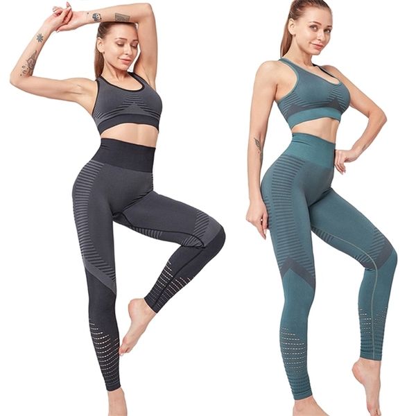 New Ladies Sexy Seamless Yoga Set Reggiseno sportivoLeggings 2Pieces Gym Fitness Suit Costume per le donne Allenamento Pantaloni Sportswear T200115