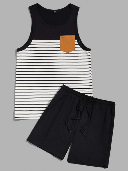 

men striped patched pocket tank & drawstring waist shorts l7as#, Gray