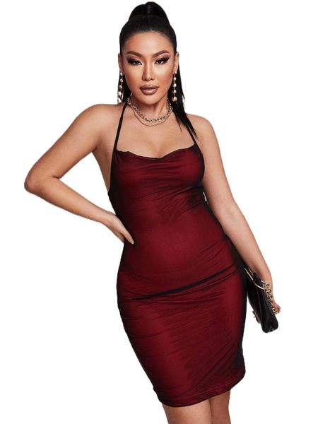 

sxy tie backless halter neck bodycon mesh dress q1mp#, Black;gray