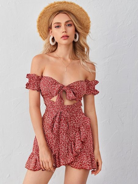 

tie front cutout detail shirred back bardot dress o6bq#, Black;gray