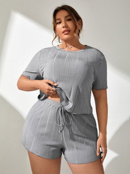 

plus rib-knit contrast binding knot waist pajama set s9ol#, Black;white