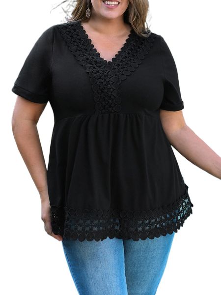 

plus solid guipure lace tee z7ny#, Black