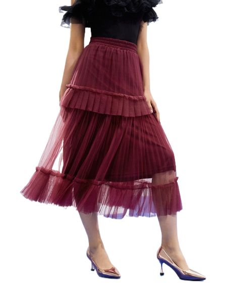 

x pchawj contrast mesh ruffle hem skirt r923#, Black