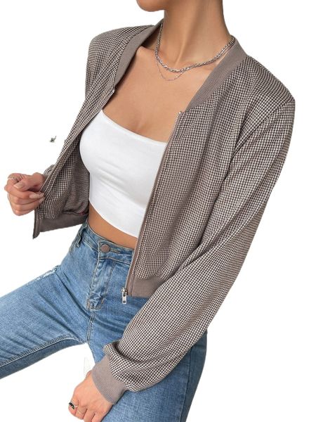 

houndstooth zipper front bomber jacket s5fa#, Black;brown