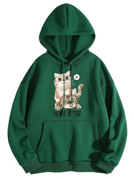 

cat & slogan graphic kangaroo pocket drawstring thermal hoodie p3nd#, Black