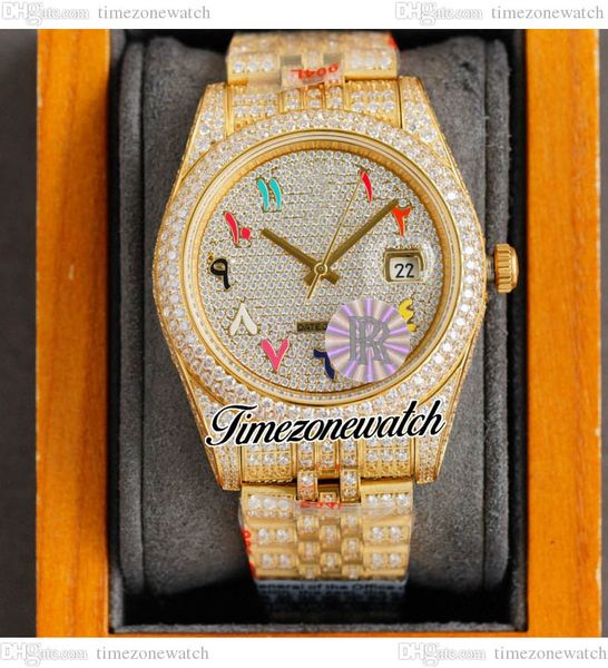 

rf 41mm 126334 eta a2836 automatic mens watch 18k yellow gold paved diamond dial colors arabic script fully iced out 904l jubileesteel brace, Slivery;brown