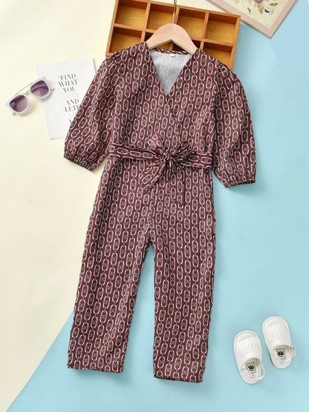 

toddler girls chain print overlap collar bishop sleeve belted jumpsuit she, Blue