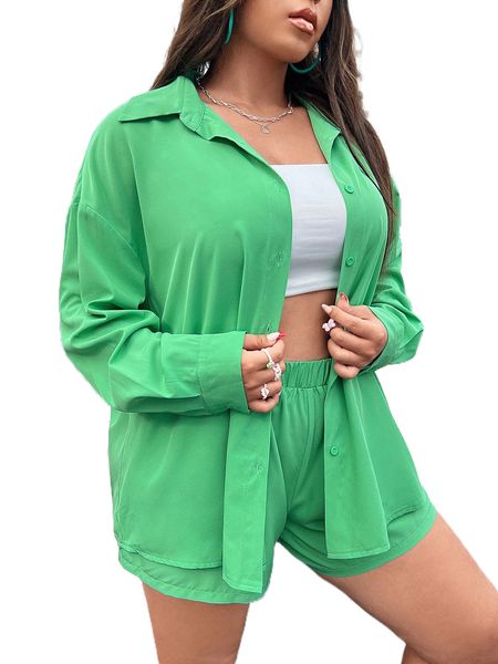 

plus drop shoulder shirt & shorts f7cr#, Black