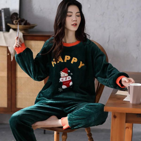 

women winter warm sleepwears flannel pajamas lovely coral fleece womens sleepwear trendy leisure, Black;red