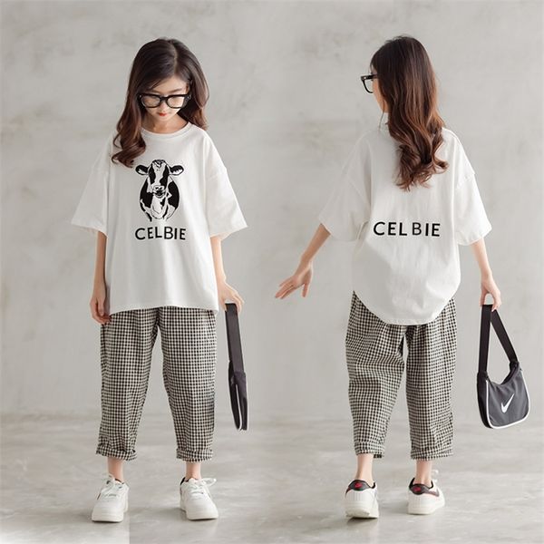 

summer clothes for girls outfit cartoon t-shirt with plaid pants two-piece set korean casual cotton suits teen clothing 220507, White