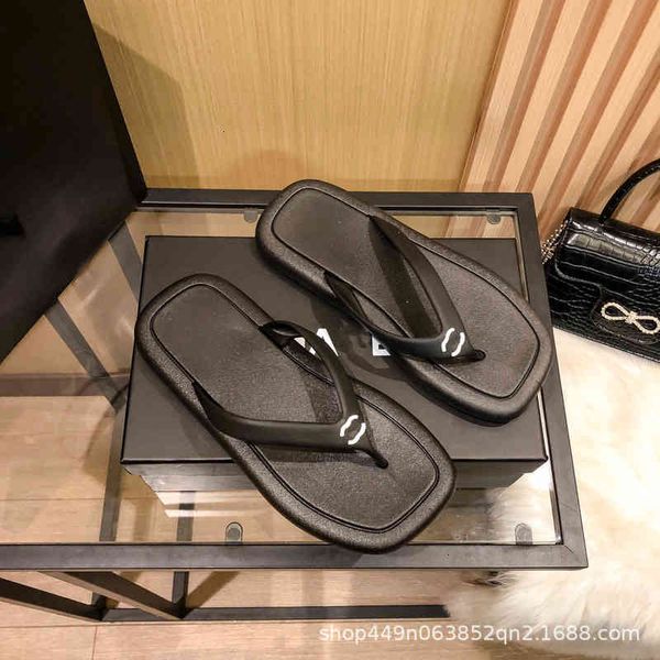 

slippers small fragrance style square toe flip flop summer flat bottom breathable waterproof simple leisure beach versatile shoes, Black
