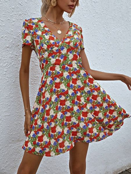 

allover floral print v neck a-line dress o3lk#, Black;gray