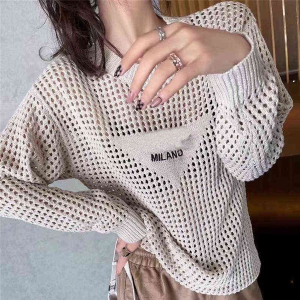 

designer womens knits tees wear with hollow front summer knitted sweatshirt letter embroidery long sleeve t-shirt loose comfortable, White