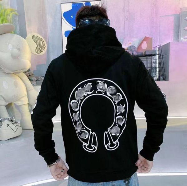 

brand classic mens fashion sweatshirts ch designer hoodies horseshoe cross print jacket women casual quality luxury pullover hooded loose h, Black
