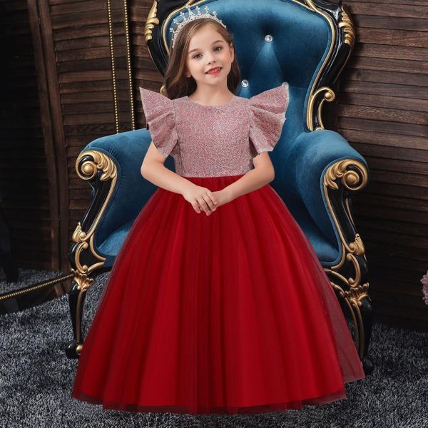 Mädchenkleider BH-338#Ballkleid O-Ausschnitt Blumenmädchen Langes Kinderkleid Großhandel Show Catwalk Abendschleife RedGirl's