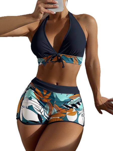 

random leaf print tie front halter bikini swimsuit f43r#, White;black