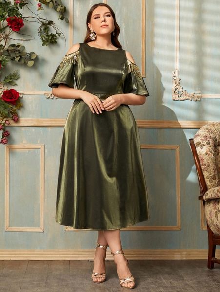 

plus a-line cold shoulder contrast sequin dress k973#, Black