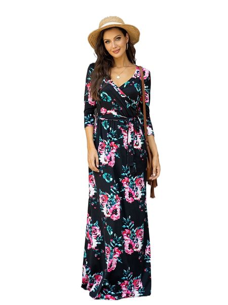 

dearcase floral print overlap collar belted dress s7yw#, Black;gray