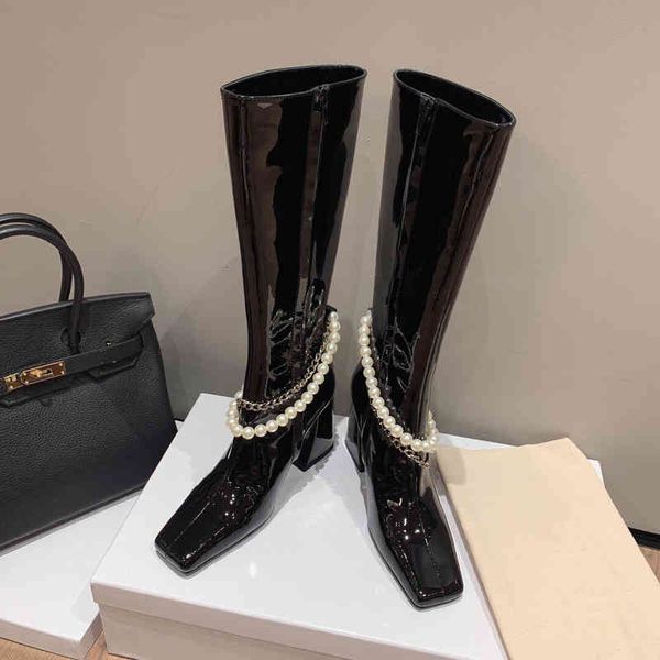 

varnished boots women's leather shoes high heels and knee boots square head strange style winter series, Black