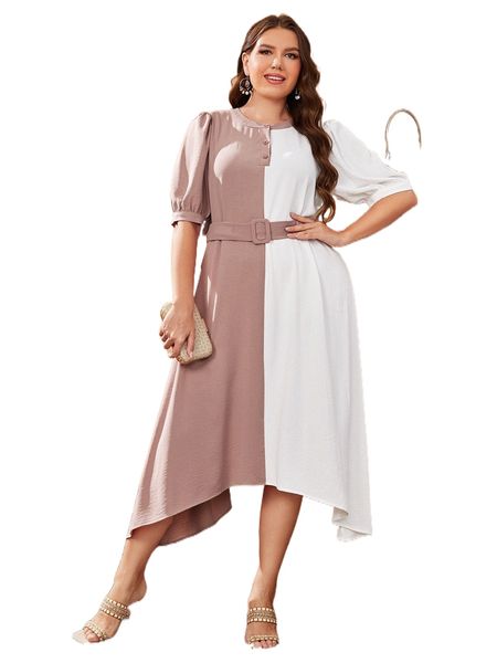 

plus two tone puff sleeve high low hem belted dress 55eh#, Black