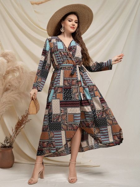 

plus patchwork print wrap hem belted dress 72p2#, Black