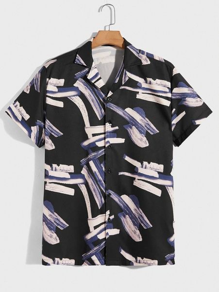 

romwe guys brush print button front shirt 77e9#, White;black