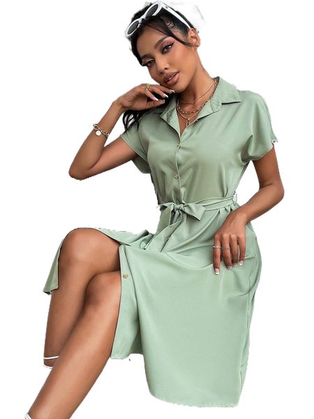 

batwing sleeve belted shirt dress 66yf#, Black;gray