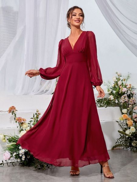 

lantern sleeve plunging neck chiffon dress h4t3#, Black;gray