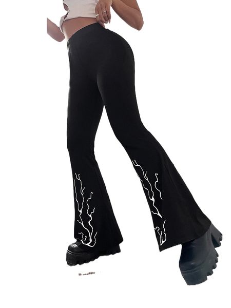 

lightning print flare leg pants 09os#, Black;white