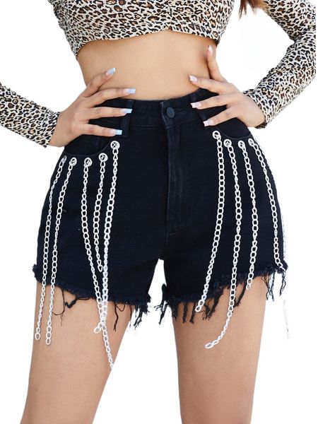 

chain detail raw cut denim shorts y7me#, White;black