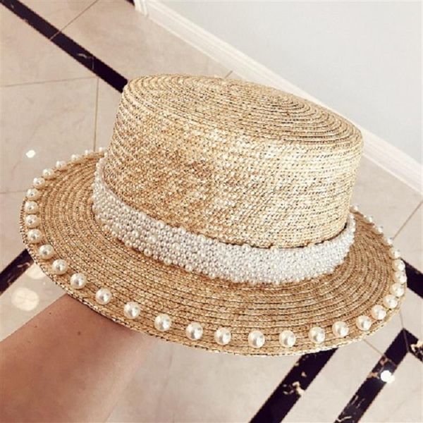 

fashion design grass straw caps summer flat brim vintage elegant pearl adjustable hats for woman ladies320x, Blue;gray